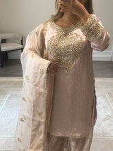Load image into Gallery viewer, Silk embroidered suit with Gota work and embroidery and silk farshi shalwar and cotton net duppata. Party wear. Asian wedding suit.