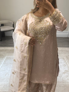 Silk embroidered suit with Gota work and embroidery and silk farshi shalwar and cotton net duppata. Party wear. Asian wedding suit.