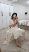Load image into Gallery viewer, Cotton silk handwork suit in  off white with colourful embroidery and silk duppata