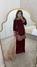 Load image into Gallery viewer, Red velvet embroidered suit with mirror work and wid leg trouser and organza duppata. Eid collection party wear