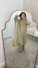 Load image into Gallery viewer, Olive / Teal/ white baroque inspired organza suit with embellishment and embroidery with organza duppata and trouser. Asian party wear suit.