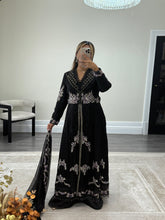 Load image into Gallery viewer, Maria b inspired black chiffon frock with embroidered and rhinestone detailing with trouser and chiffon duppata