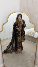 Load image into Gallery viewer, Black Organza embellished 3 piece suit with wide leg silk trouser Eid collection party wear
