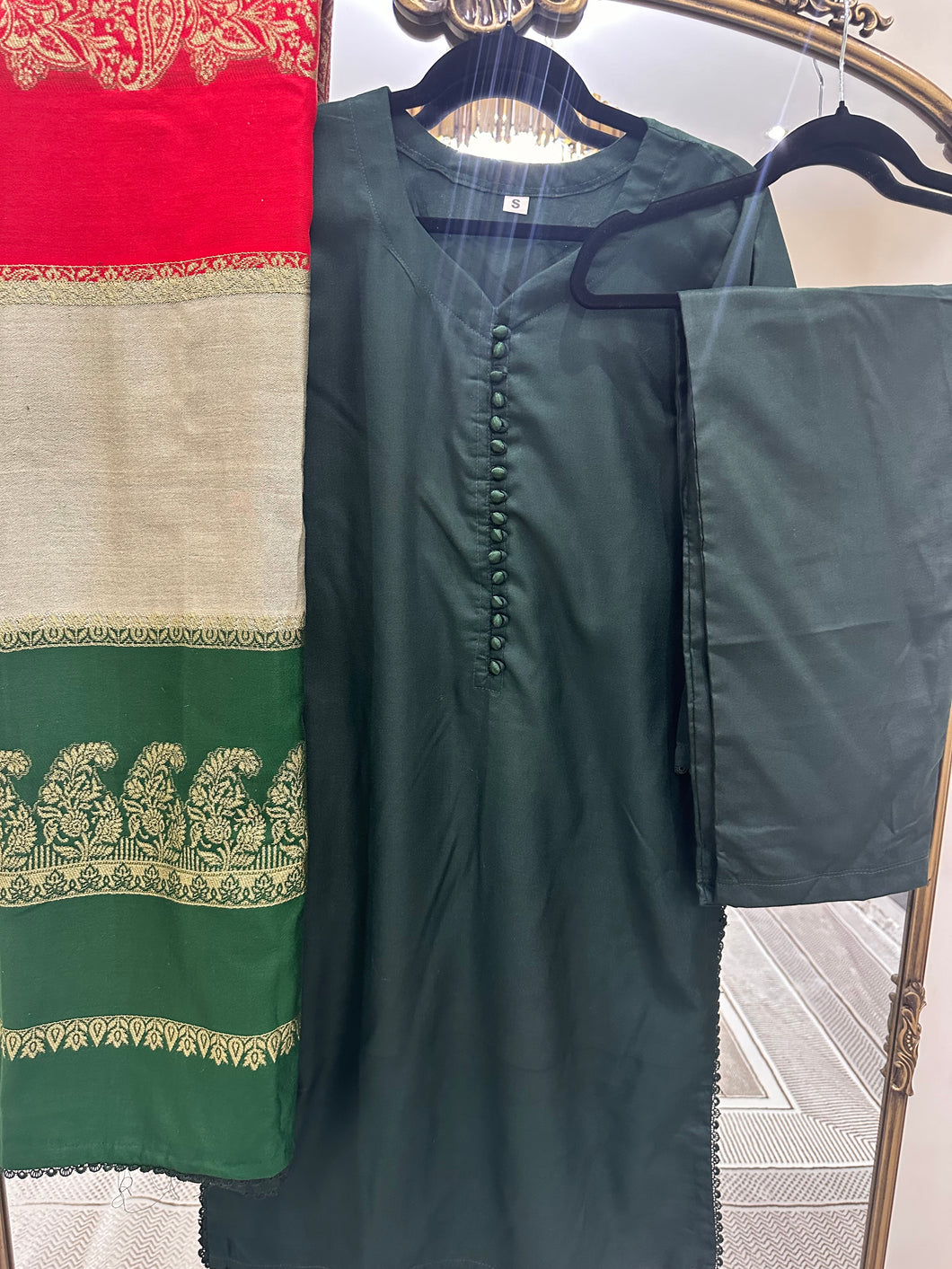 Dhanak 3 piece suit with shawl duppata Green