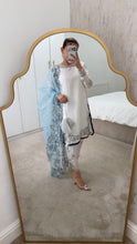 Load image into Gallery viewer, Blue and white Embroidered silk suit with embroidered organza duppata and trouser. And Matching purse Party wear. Eid collection.