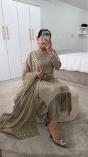 Load image into Gallery viewer, Sparkle Golden chiffon suit with embroidered chiffon duppata and trouser. Party wear. Eid collection.