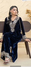 Load image into Gallery viewer, Design 2 Morrored Velvet Embroidered on trend kaftan with trouser and dupatta