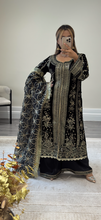 Load image into Gallery viewer, Velvet embroidered 3 piece suit. With organza and wide leg trouser.Pakistani Indian shalwar kameez.