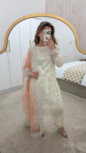Load image into Gallery viewer, White sparkle chiffon embroidered suit with cotton net duppata and crepe trouser