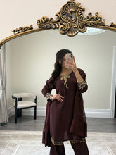 Load image into Gallery viewer, brown hand embroidered raw silk suit with farshi shalwar and chiffon duppta party wear suit