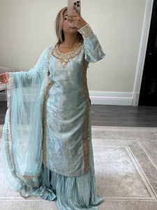 Sheesha silk suit with Gota work and embroidery and silk pleated lehenga and cotton net duppata. Party wear. Asian wedding suit.