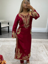 Load image into Gallery viewer, Beautiful handwork embroidered suit in red silk with cotton net duppata and trouser. Perfect wedding wear suit.