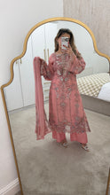 Load image into Gallery viewer, Light Pink Maria b inspired chiffon suit with embellishment and embroidery with chiffon duppata and trouser. Asian party wear suit.