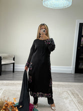Load image into Gallery viewer, Black silk suit with embroidered sequin work and silk tye dye duppata and silk trouser
