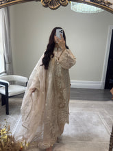Load image into Gallery viewer, Qalamkar inspired khadi net suit with embroidered khadi net duppata and lawn embroidered trouser