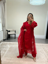 Load image into Gallery viewer, Korean raw silk suit with emrboidery and lace details. Organza duppata. Party wear. Eid collection.
