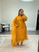 Load image into Gallery viewer, Korean raw silk suit with emrboidery and lace details. Organza duppata. Party wear. Eid collection.
