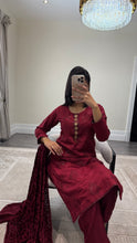Load image into Gallery viewer, DEFECTIVE Dhanak embroidered suit with plachi shawl and jewelled tassel on neckline￼