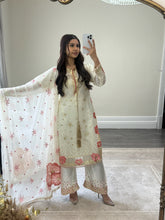 Load image into Gallery viewer, Black/ white chiffon embroidered suit with sequin embroidery and embellishments. Chiffon duppata. Eid and party wear.