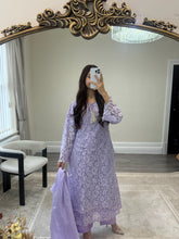 Load image into Gallery viewer, Lilac Lace net pearl embellished suit with trouser with chiffon duppata.