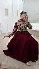 Load image into Gallery viewer, Chiffon frock style suit with sari draped duppata and hand embellishments and silk trouser. Eid collection. Party wear.
