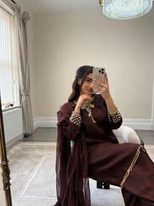 brown hand embroidered raw silk suit with farshi shalwar and chiffon duppta party wear suit
