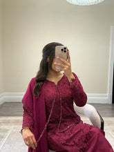 Load image into Gallery viewer, Croatia suit with embellishments and trouser. Chiffon duppata. South Asian party wear suits
