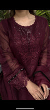 Load image into Gallery viewer, Deep red Khadi net 3 piece suit with embroidery and detailing and organza duppata.