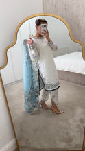 Load image into Gallery viewer, Blue and white Embroidered silk suit with embroidered organza duppata and trouser. And Matching purse Party wear. Eid collection.
