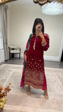 Load image into Gallery viewer, Sparkle red velvet embroidered suit with silk trouser and chiffon duppata