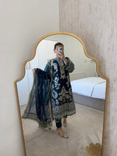 Load image into Gallery viewer, Chiffon teal embellished suit with organza embroidered duppata and trouser
