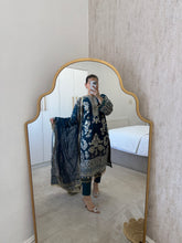 Load image into Gallery viewer, Chiffon teal embellished suit with organza embroidered duppata and trouser
