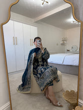 Load image into Gallery viewer, Chiffon teal embellished suit with organza embroidered duppata and trouser