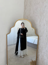Load image into Gallery viewer, Black long length shirt with wide chiffon trouser and Kiran lace duppata.