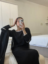 Load image into Gallery viewer, Black long length shirt with wide chiffon trouser and Kiran lace duppata.