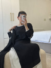 Load image into Gallery viewer, Black long length shirt with wide chiffon trouser and Kiran lace duppata.
