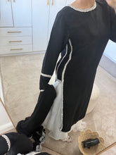 Load image into Gallery viewer, Black long length shirt with wide chiffon trouser and Kiran lace duppata.