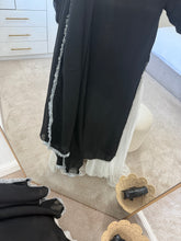 Load image into Gallery viewer, Black long length shirt with wide chiffon trouser and Kiran lace duppata.