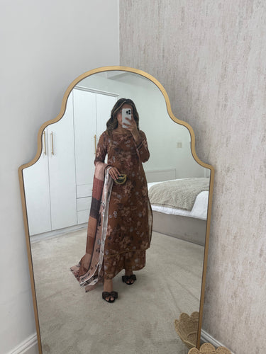 Brown floral lawn suit with lace details matching trouser and duppata