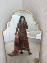 Load image into Gallery viewer, Brown floral lawn suit with lace details matching trouser and duppata