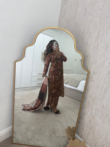 Brown floral lawn suit with lace details matching trouser and duppata