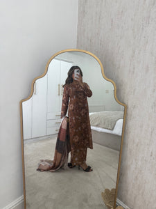 Brown floral lawn suit with lace details matching trouser and duppata