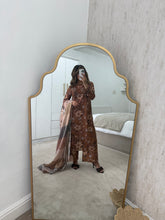 Load image into Gallery viewer, Brown floral lawn suit with lace details matching trouser and duppata