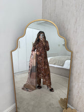 Load image into Gallery viewer, Brown floral lawn suit with lace details matching trouser and duppata