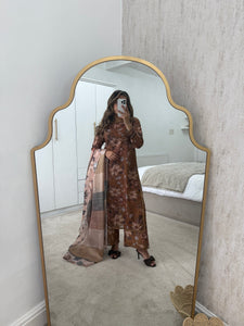 Brown floral lawn suit with lace details matching trouser and duppata