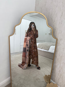 Brown floral lawn suit with lace details matching trouser and duppata