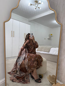 Brown floral lawn suit with lace details matching trouser and duppata