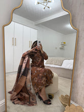 Load image into Gallery viewer, Brown floral lawn suit with lace details matching trouser and duppata
