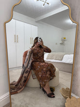 Load image into Gallery viewer, Brown floral lawn suit with lace details matching trouser and duppata