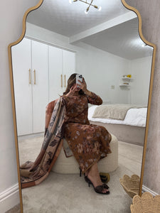 Brown floral lawn suit with lace details matching trouser and duppata